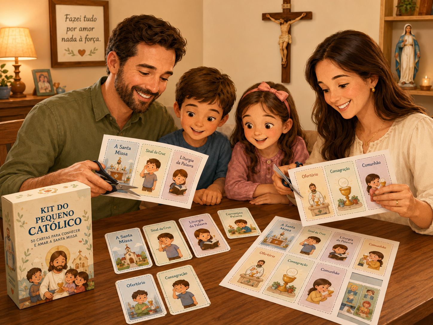 Família católica explorando junto o Kit da Santa Missa