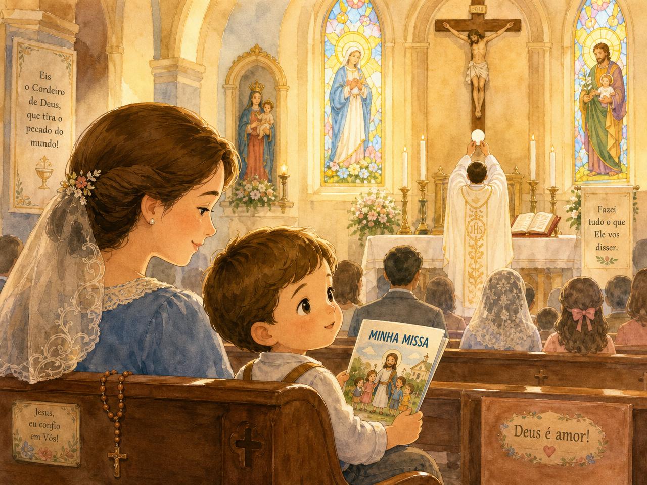 Criança curiosa durante a Missa ao lado da mãe