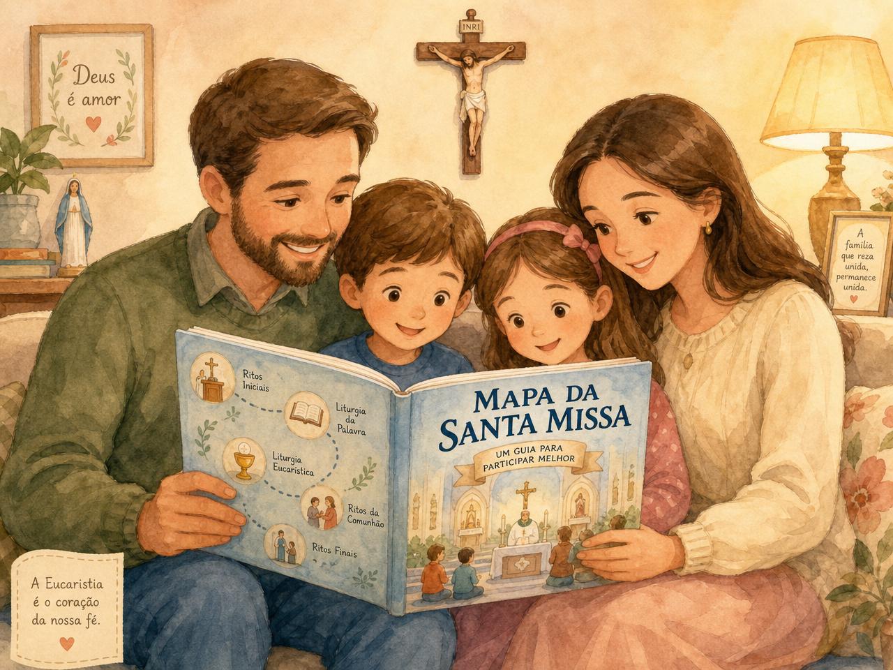 Família católica lendo junto o Mapa da Santa Missa